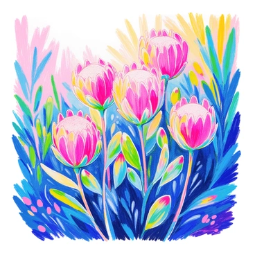 A cluster of protea flowers stands in a natural setting, their vibrant pink and green blooms prominently displayed. The flowers are swaying gently, with some bending slightly in the wind, showcasing their unique shapes and textures. Surrounding them, lush green foliage adds contrast, while soft sunlight filters through the leaves, casting gentle shadows. The overall scene captures the dynamic movement of the proteas amidst a tranquil outdoor environment.