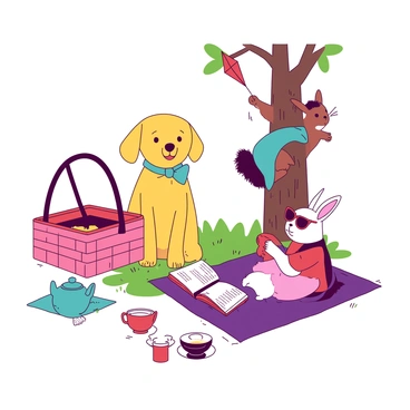 A yellow dog wearing a blue bow tie is holding a picnic basket in its mouth. Next to it, a teal squirrel is dressed in a red shirt and is climbing a tree while holding a small red kite. On the grass, a white rabbit wearing a purple vest is reading a book with a content expression. Nearby, a pink cat is sitting on a picnic blanket, wearing oversized sunglasses, and is pouring tea from a white teapot into a small red cup. The scene captures a sense of joy and playfulness among the animals.