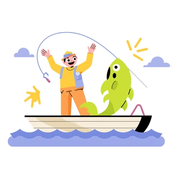 A cartoon character with big round eyes and a wide smile is standing on a small wooden boat. The character is wearing a colorful fishing hat and holding a fishing rod bent dramatically with a large, cartoonish fish splashing out of the water. The fish has exaggerated features, including big fins and a surprised expression. Bright sunlight is shining down, casting playful shadows on the deck of the boat. In the background, there are gentle waves and a few fluffy clouds in a blue sky. The character looks thrilled, with arms raised in excitement as they reel in the big catch.