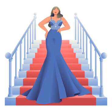 A fashion model with long, wavy hair is posing gracefully on a grand staircase. She is wearing an elegant, floor-length gown that flows down the steps, featuring intricate beadwork and a fitted bodice. The gown is in a deep royal blue color, highlighting her figure. The staircase is adorned with ornate balusters and a plush red carpet that draws the eye upwards. Soft lighting accentuates the gown's shimmer, creating a polished and sophisticated atmosphere. The model stands with one hand on her hip and the other gently touching the railing, exuding confidence and elegance.