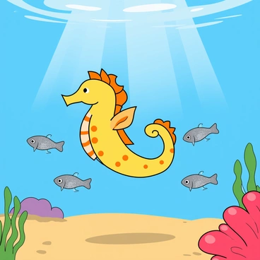 A colorful seahorse with a curled tail is gently gliding through clear blue water. The seahorse has a bright yellow body with orange spots and is gracefully moving alongside a school of tiny shimmering fish. These fish are silver and glimmering, darting playfully around the seahorse. The underwater scene is lively, with rays of sunlight penetrating the surface, casting soft patterns on the sandy ocean floor below. There are a few pieces of coral in the background, adding pops of color to the environment.