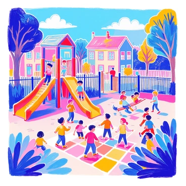 A colorful school playground is filled with children of various genders engaging in play. Some children are climbing on a brightly colored jungle gym, while others are swinging on vibrant swings. A group is gathered around a hopscotch grid painted on the ground, laughing and cheering each other on. Nearby, a slide in bold colors sees children sliding down with joy. The background features a blue sky with fluffy white clouds, and several trees providing shade. The scene captures the essence of friendship and cooperation among the children.