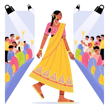 An Indian bridesmaid walking on a mini runway, showcasing a vibrant lehenga adorned with intricate embroidery and bright colors. The lehenga features a flared skirt, paired with a matching choli and a stylish dupatta draped elegantly over one shoulder. The bridesmaid has her hair styled in an elaborate braid adorned with small flowers. The runway is decorated with delicate floral arrangements on either side, while a spotlight focuses on her, highlighting the latest bridal trends. In the background, a cheering audience can be seen, captivated by the display.