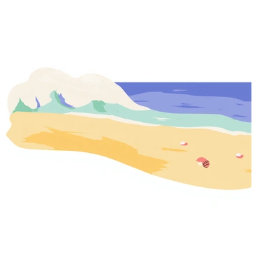 A shoreline view with soft, golden sand that curves gently along the coast. In the foreground, a wave is rolling in from the ocean, its frothy white crest glinting in the sunlight as it approaches the shore. The ocean is a vibrant blue, with hints of turquoise closer to the shore. A few scattered seashells are visible in the sand, and in the distance, the horizon meets the sky, which is clear with a few wispy clouds. The scene conveys a sense of movement as the wave tumbles forward, creating a splash upon reaching the sand.
