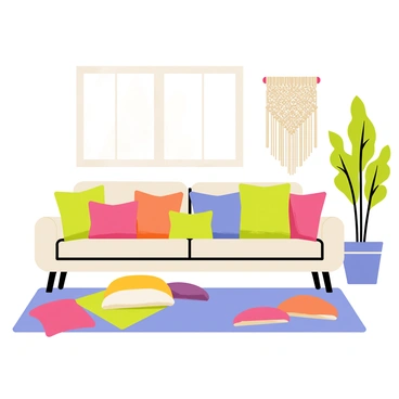 A cozy living room filled with a variety of colorful cushions in different shapes and sizes scattered on a large, plush rug. The walls feature a detailed macramé wall hanging made of natural fibers, adding texture to the space. In one corner, there is a tall potted plant with lush green leaves, adding a touch of nature to the room. Soft light filters through a window, casting gentle shadows across the furnishings.