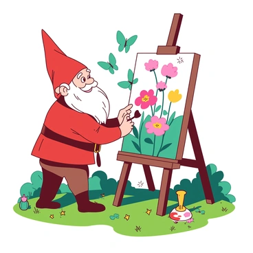 A red cartoon gnome with a white beard is standing on a small step ladder, holding a paintbrush in his right hand. He is focused on painting a colorful mural of various flowers and butterflies on a large canvas set up in a vibrant garden. The flowers are in shades of pink and yellow, while the butterflies are depicted in teal and orange, flying around the mural as the gnome works. Lush green grass surrounds the scene, dotted with small colorful plants and decorations. The sky above is clear, allowing bright sunlight to illuminate the garden and the gnome's cheerful expression.