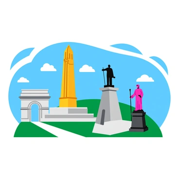 A series of famous national landmarks, including a tall, majestic monument with intricate carvings, a grand statue of a notable figure on a pedestal, and a distinctive archway with detailed designs. Each landmark is set against a bright blue sky with a few fluffy white clouds scattered throughout. The monuments are surrounded by green grass and a well-manicured pathway leading up to them.