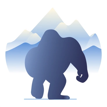 A large gorilla is standing in profile, creating a striking silhouette. The gorilla's muscular frame is clearly defined against a backdrop of misty mountains that rise in soft, undulating lines. The mountains have a gradient of blue and gray tones, shrouded in a gentle layer of mist that partially obscures their peaks. The scene is illuminated by a soft light that casts a serene atmosphere, highlighting the contours of the gorilla and the ethereal qualities of the mountains behind it.