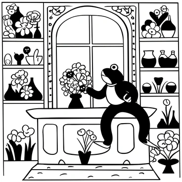 A frog standing upright behind a wooden counter in a Victorian flower shop, carefully arranging various flowers into a bouquet. The shop is filled with intricate details, featuring ornate shelves lined with glass vases and an array of vibrant blooms. There are roses, lilies, and daisies positioned around the frog, creating a lively atmosphere. The shop's interior is adorned with vintage wallpaper and a patterned rug on the floor. A large window allows natural light to illuminate the flowers, casting delicate shadows.