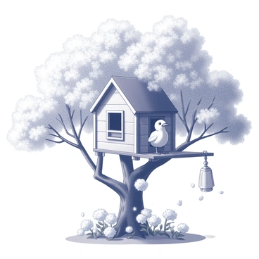 A small treehouse nestled among the branches of a sturdy tree. The treehouse has a wooden structure with a small entrance and a window where a chick is peering out. The chick has fluffy feathers and bright eyes, displaying a sense of curiosity. Below the treehouse, several trees are in full bloom with flowers, creating a vibrant scene. The blossoms are abundant, with petals gently falling to the ground, adding to the lively atmosphere. Sunlight filters through the branches, casting soft shadows around the treehouse.