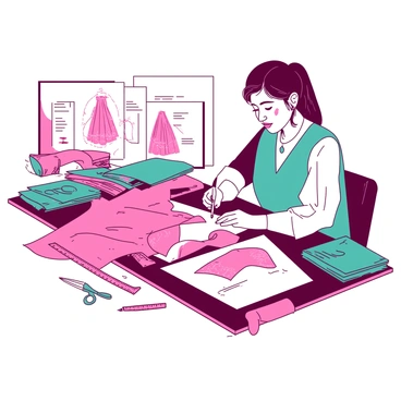 A designer with dark hair tied back is sitting at a large wooden table covered with various colorful fabric swatches. The fabric swatches include shades of pink and teal, neatly arranged in piles. Scattered around the table are several sketches of intricate lehenga designs, showcasing detailed patterns and embroidery. A measuring tape and a pair of scissors are placed beside the sketches. The designer is focused, holding a pencil in hand, while reviewing one of the sketches. In the background, there are rolls of fabric in different textures stacked against a wall.