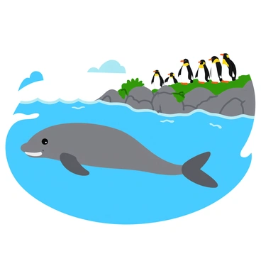 A dugong swimming gracefully in the clear blue water. The dugong has a sleek, gray body with a slightly rounded snout. Nearby, a group of penguins stands on a rocky shoreline, some with their wings slightly spread and others waddling along the rocks. The penguins have black and white feathers, with bright orange beaks and feet. The rocks are jagged and textured, with patches of green seaweed clinging to them. The sun casts bright reflections on the water, enhancing the vibrant atmosphere of the scene.