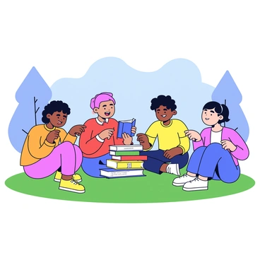 A group of five children sitting in a circle on a grassy patch. Each child is wearing bright, colorful clothing. They are animatedly discussing, with some pointing towards a stack of books placed in the center of the circle. The books have various covers, showcasing different genres. One child is holding a book, while another is leaning forward eagerly. The background features simple trees and a clear blue sky.
