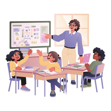 A teacher happily explaining a lesson to enthusiastic students