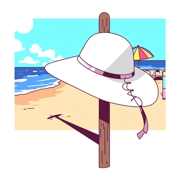 A white sunhat with a singed brim is hanging on a wooden post by the beach. The beach is covered with fine, golden sand, and gentle waves are lapping against the shore. In the background, there are a few colorful beach umbrellas providing shade to sunbathers. The sky above is clear, with a bright blue hue, reflecting the warm atmosphere of a sunny day.