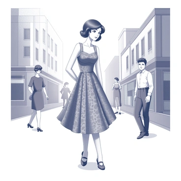 A character stands in a modern urban setting, dressed in an outfit that clearly reflects fashion styles from a different decade. The character wears a vintage-style dress with a fitted bodice and flared skirt, complete with patterned fabric that showcases the fashion of the past. Their hair is styled in an era-specific manner, possibly featuring curls or waves that were popular at that time. The character’s expression is one of curiosity, as they look around, taking in their contemporary surroundings. Buildings and people in modern attire form the background, emphasizing the contrast between the character's vintage look and the current fashion trends.
