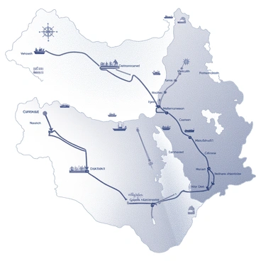 A detailed map depicting "Carthage" as a central hub. The map showcases a series of trade routes illustrated by bold lines radiating from Carthage across the "Mediterranean." Various ports and coastal cities are marked along the routes, indicating key trading points. Additional symbols such as ships and merchandise are included to represent trade activities. The map features a compass rose in one corner, providing orientation. Land masses and geographical features are outlined to give context to the trade routes. The overall composition emphasizes the importance of maritime trade in the ancient world.