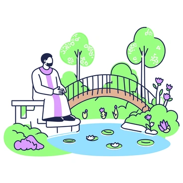 A preacher in a white robe is sitting on a stone bench beside a pond. The pond has several lilypads floating on its surface, with a few delicate flowers blooming among them. The preacher has a contemplative expression, gazing thoughtfully at the water. Surrounding the pond, there are neatly trimmed shrubs and a variety of colorful flowers in full bloom. A gently arching wooden bridge crosses the pond, leading to a small path that winds through the garden. Sunlight filters through the leaves of nearby trees, casting dappled shadows on the ground.