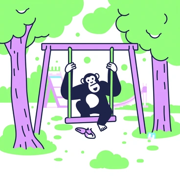 A chimpanzee is swinging energetically on a swing set in a forest playground. The swing set is made of sturdy wood with green ropes that attach to the seat. The chimpanzee has a playful expression as it grips the ropes tightly with its hands. Surrounding the swing set, there are tall trees with thick trunks and lush green leaves, creating a natural canopy overhead. The ground is covered with soft grass, and scattered around are a few colorful toys and a wooden slide in the background. Sunlight filters through the leaves, casting dappled shadows on the ground.