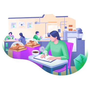 An illustrator is seated at a small table in a bustling Lancaster café, focused on sketching in a notebook. The café has wooden furniture and warm lighting, creating an inviting atmosphere. A steaming cup of coffee rests on the table next to the illustrator, with wisps of steam rising into the air. Surrounding the illustrator are patrons chatting and enjoying their drinks, with some sitting in cozy corners and others at the counter. On the tables, there are pastries displayed under glass domes, and a barista is seen preparing drinks behind the counter. The scene captures the lively essence of the café environment.