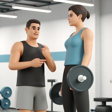 A personal trainer, wearing a black tank top and gray shorts, is demonstrating proper lifting technique to a client. The trainer is standing beside the client, pointing to their form with a focused expression. The client, wearing a blue workout top and black leggings, is holding a barbell at shoulder height, looking attentively at the trainer for guidance. The training environment features gym equipment in the background, including weights and benches, with bright overhead lights illuminating the area.