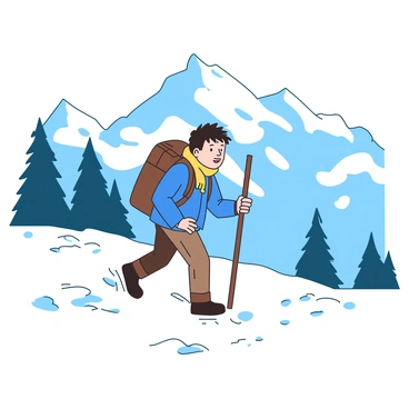 Tintin hiking through snowy mountains with a backpack and walking stick
