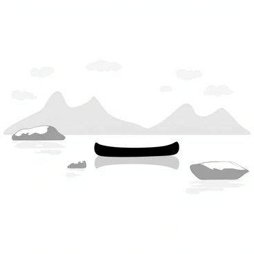 A canoe gliding through a thick mist, surrounded by soft, swirling fog. The water looks smooth and calm, reflecting the muted outlines of nearby icebergs. Silhouetted against the early dawn light, the canoe appears delicate and solitary. In the background, faint shapes of distant snow-covered mountains emerge from the haze. The overall scene conveys a sense of tranquility and isolation, with layers of fog adding depth to the composition.