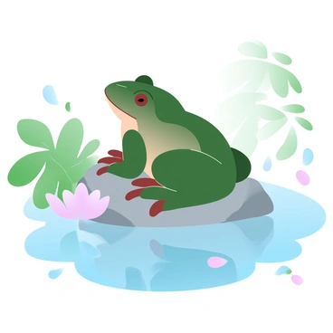 A bullfrog is sitting on a smooth rock at the edge of a crystal-clear pond. The water is calm and reflects the vibrant green foliage surrounding it. The bullfrog has a smooth, glossy skin with shades of deep green and brown. The surface of the pond shows the bullfrog's reflection perfectly. Lily pads float nearby, adding a touch of softness to the scene. Sunlight filters through the leaves, creating dappled patterns on the water's surface.