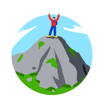 A hiker standing on the peak of a rocky mountain, with arms raised in triumph. The hiker is wearing a bright red jacket and a blue backpack. The mountain is rugged, with sharp cliffs and a clear blue sky overhead. There are patches of green grass and small rocks around the peak. The hiker's face shows joy and accomplishment, and the sunlight creates a warm glow around the scene.
