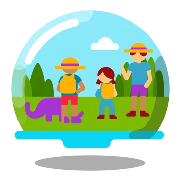 Explorers wearing retro safari gear are observing animals among lush foliage in a vibrant jungle setting.