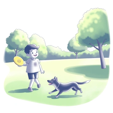 A young boy is standing in a green park, holding a bright yellow frisbee in his hand. The boy has a joyful expression as he watches a playful dog running toward him. The dog appears energetic and eager, with its tongue out and tail wagging. The park is dotted with trees providing shade, and the sun shines brightly down onto the grass, creating a lively atmosphere. The scene captures a moment of connection between the boy and the dog as they enjoy their game of fetch in the open space.