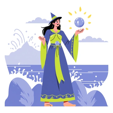 A sea witch standing on a rocky shore, her long flowing hair swirling in the ocean breeze. She wears a deep blue and green gown that blends with the colors of the sea, adorned with shells and seaweed. In her hands, she holds a shimmering crystal orb, radiating waves of magical light. Behind her, large waves crash against the rocks, creating splashes of white foam. The sky above is cloudy with hints of sunlight peeking through, illuminating her figure as she casts her spells.