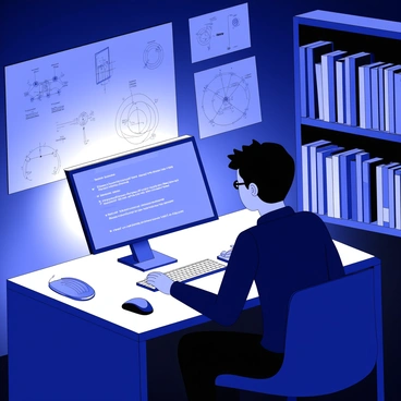A hacker is sitting at a desk in a dark room. The hacker is focused on a computer screen that displays a stream of cascading crypto codes. The glow from the screen casts shadows across the room. Various computer peripherals, such as a keyboard and mouse, are visible on the desk. The walls are lined with posters featuring diagrams of networks and algorithms. In the background, there are shelves filled with books about computer science and cryptography. A faint light source illuminates the room, creating a stark contrast with the darkness surrounding the hacker.
