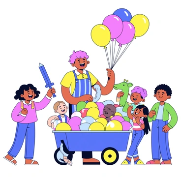 A street vendor stands at a colorful cart filled with various balloons in a range of bright colors. The vendor is wearing a playful striped apron and is twisting a long balloon into the shape of a dog. A group of excited children surrounds the vendor, their faces lit up with joy. One child has a blue balloon sword, while another is eagerly holding a green balloon giraffe. The scene captures the vibrant atmosphere of the street with cheerful expressions and colorful balloons in the air.