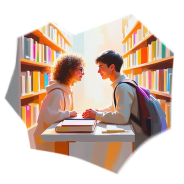 Two students are positioned on opposite sides of a row of library shelves filled with books. One student, a young woman with curly hair and glasses, is wearing a cozy sweater and has her hand resting on a book in front of her. The other student, a young man with short, dark hair and a backpack slung over one shoulder, is looking at her with a slight smile. Their eyes meet in a moment of connection, with the warm lighting of the library casting soft shadows around them. Books in various colors and sizes fill the shelves, creating a backdrop that adds depth to the scene.