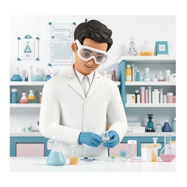 A scientist, wearing a white lab coat, safety goggles, and blue gloves, is standing at a laboratory bench. The scientist has dark hair styled neatly and is focused while examining a small glass vial containing liquid mercury. The vial is glimmering under the bright overhead lights. Surrounding the scientist are various laboratory equipment such as beakers filled with colorful liquids, a Bunsen burner, and a periodic table poster hanging on the wall. The lab environment is well-organized, with a fume hood in the background and shelves lined with scientific books and glassware.