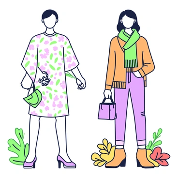 A CAD fashion illustration shows two models positioned side by side, each representing a different season. On the left, the model showcases a vibrant spring outfit, consisting of a light floral dress with flowing sleeves. She is wearing pastel-colored shoes and accessorized with a small green handbag. In her hands, she holds a matching green hat. On the right, the model displays a cozy autumn ensemble, featuring a layered outfit with a warm, oversized sweater in earthy tones, paired with fitted jeans and ankle boots. A green scarf wraps around her neck, and she carries a purple handbag. The background features elements of greenery on the left transitioning to fallen leaves on the right, illustrating the seasonal shift.