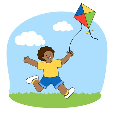 A small child with curly brown hair, wearing a bright yellow t-shirt and blue shorts, is joyfully running across a lush green grassy field. The child has a big smile on their face, radiating excitement. In their hand, they are holding the string of a colorful kite that is flying high in the clear blue sky. The kite is shaped like a diamond and features vibrant colors, including red, blue, yellow, and green. Fluffy white clouds float gently in the background, adding to the cheerful atmosphere. The sun is shining brightly, casting soft shadows on the ground.