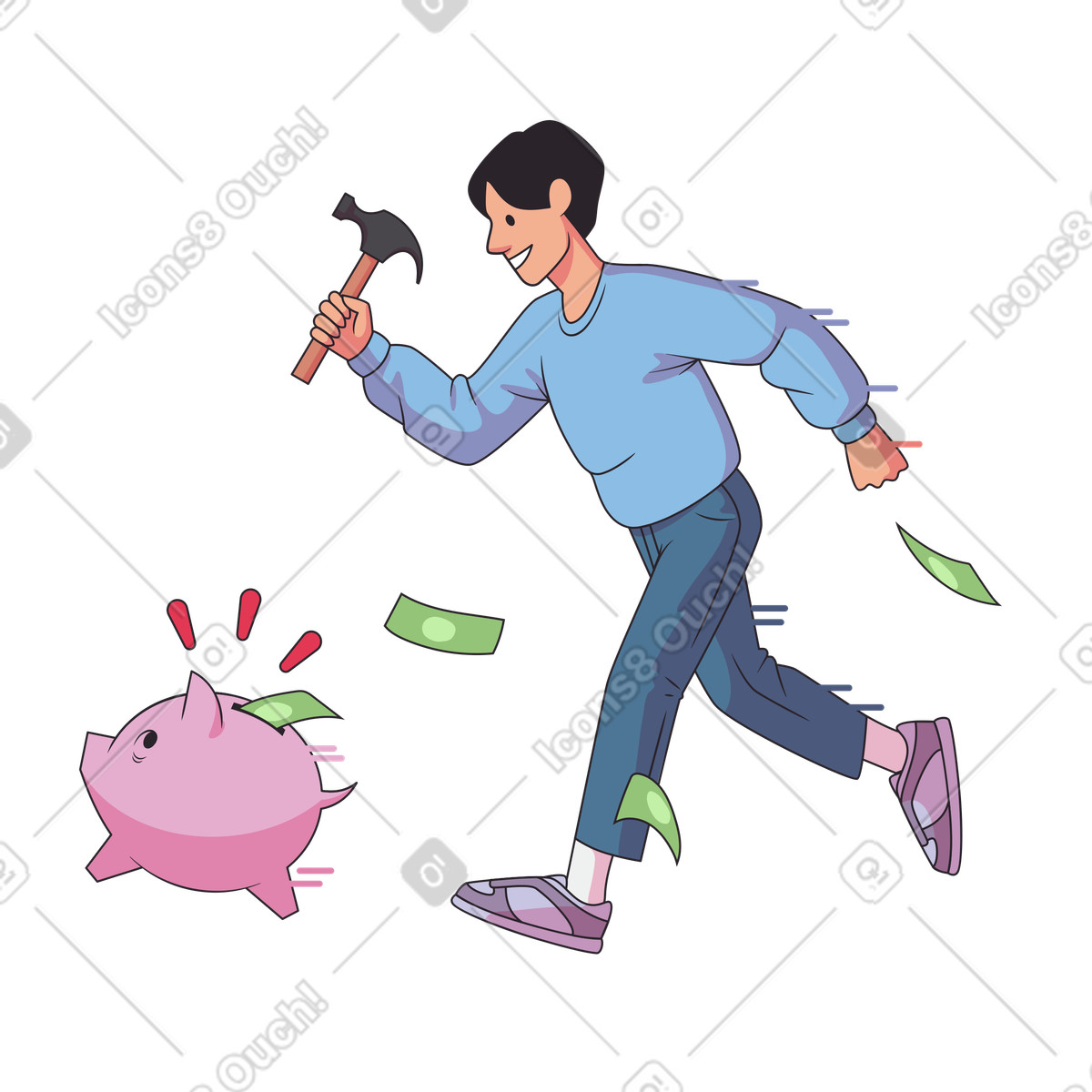 Man running after piggy bank with a hammer illustration in Eastwood style download in PNG, SVG