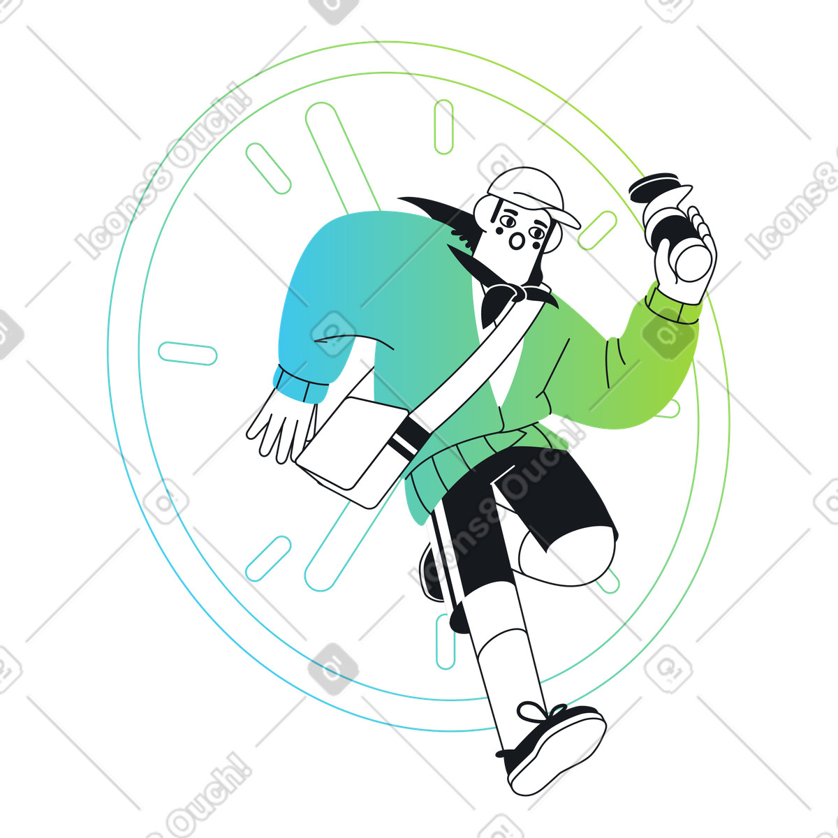 Illustration Hurrying with coffee in front of clock, Procrastination or punctuality dans le style Breeze à télécharger aux formats PNG, SVG