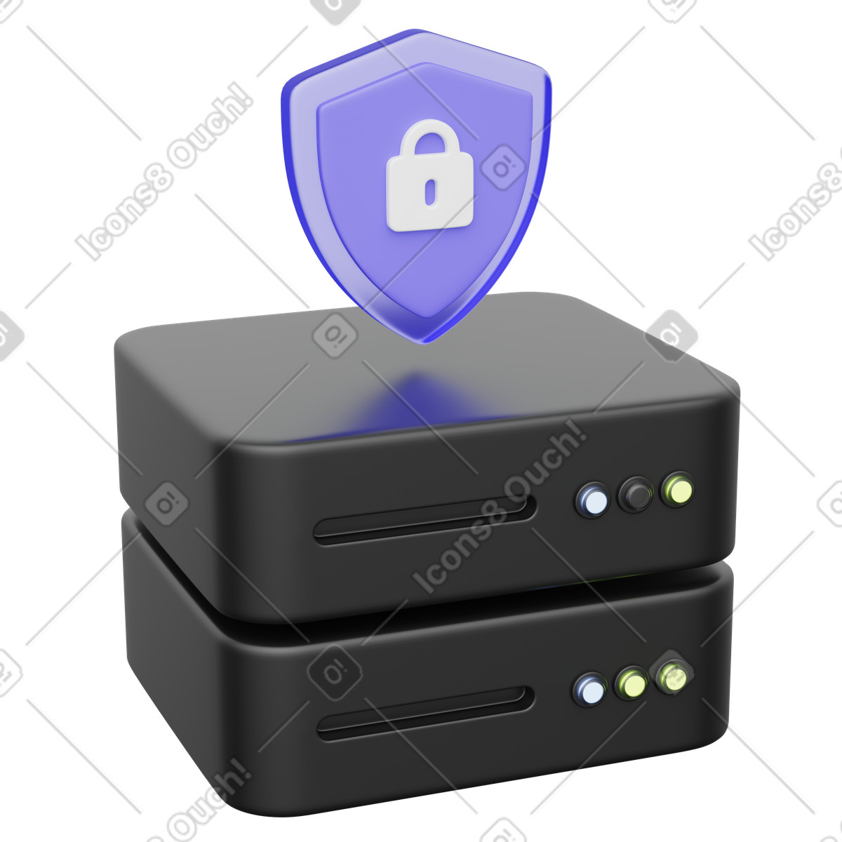 Server security stack with shield lock symbolizing protected data storage illustrazione in stile 3D Playful scarica in PNG, SVG