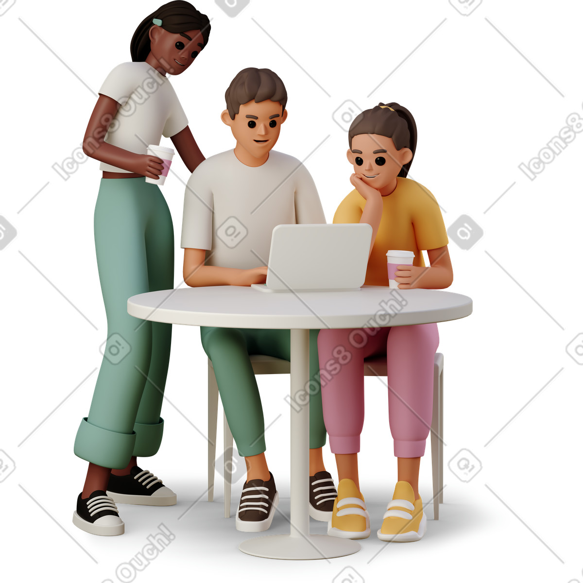 3D Casual life 스타일의 Young people discussing team project at a laptop 일러스트레이션 PNG, SVG 다운로드