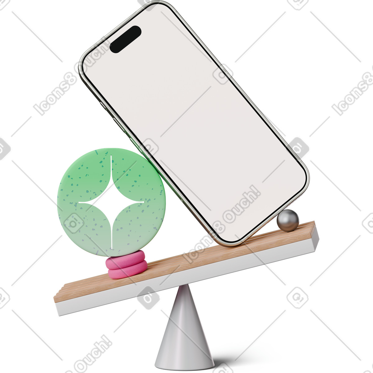 Front view of smartphone mockup standing on pyramid animated illustration in 3D Hygge style download in GIF, Lottie (JSON), AE