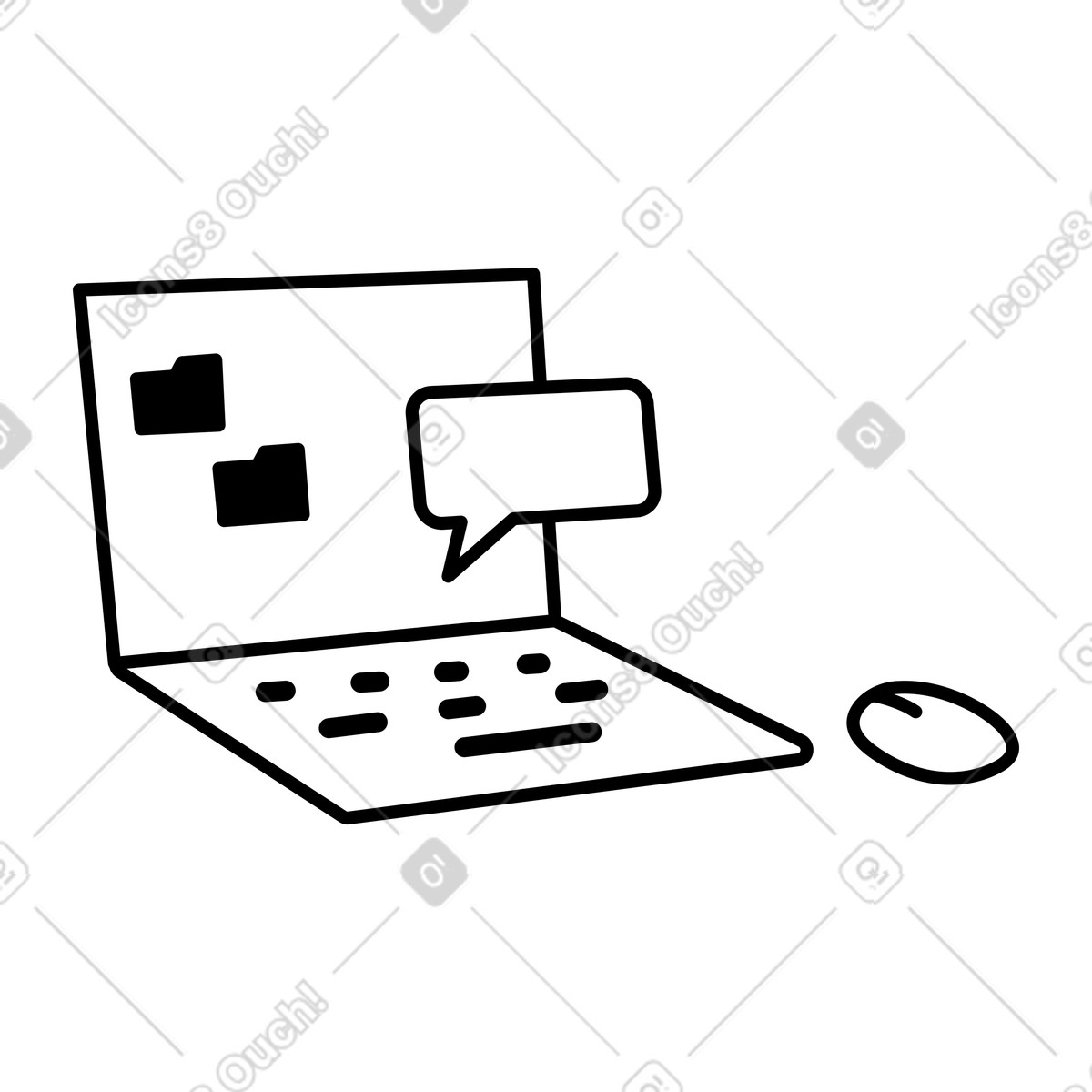 Illustration Laptop messaging window and mouse for remote team communication dans le style Notion Line Art à télécharger aux formats PNG, SVG