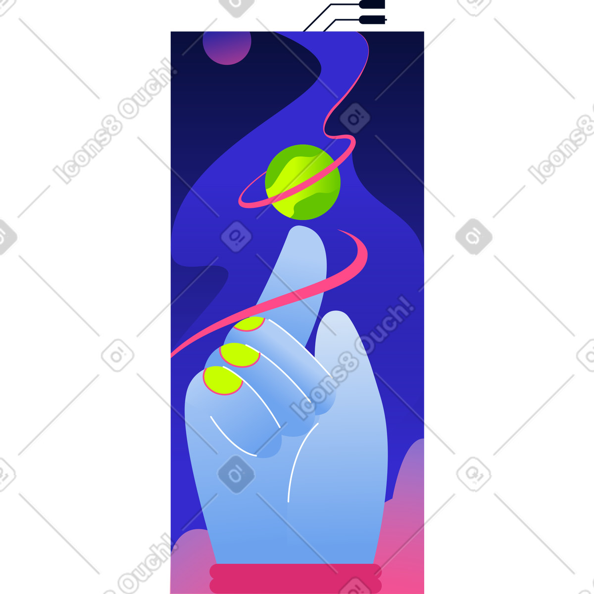 Background with a hand pointing to the planet illustration in Space style download in PNG, SVG