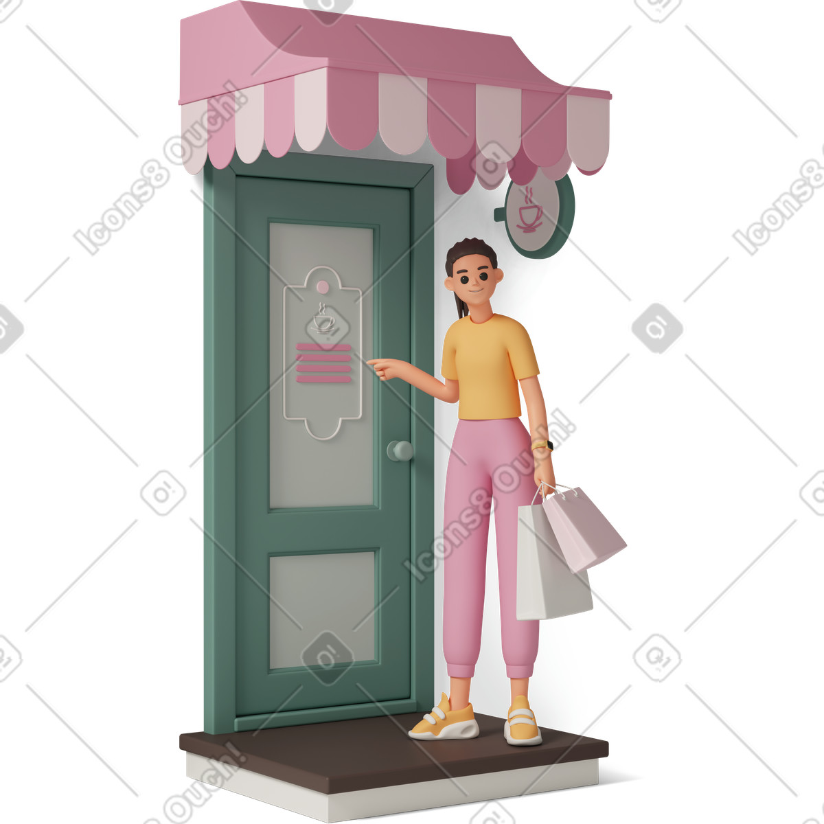 3D Casual life 스타일의 Guest entering coffee shop 일러스트레이션 PNG, SVG 다운로드