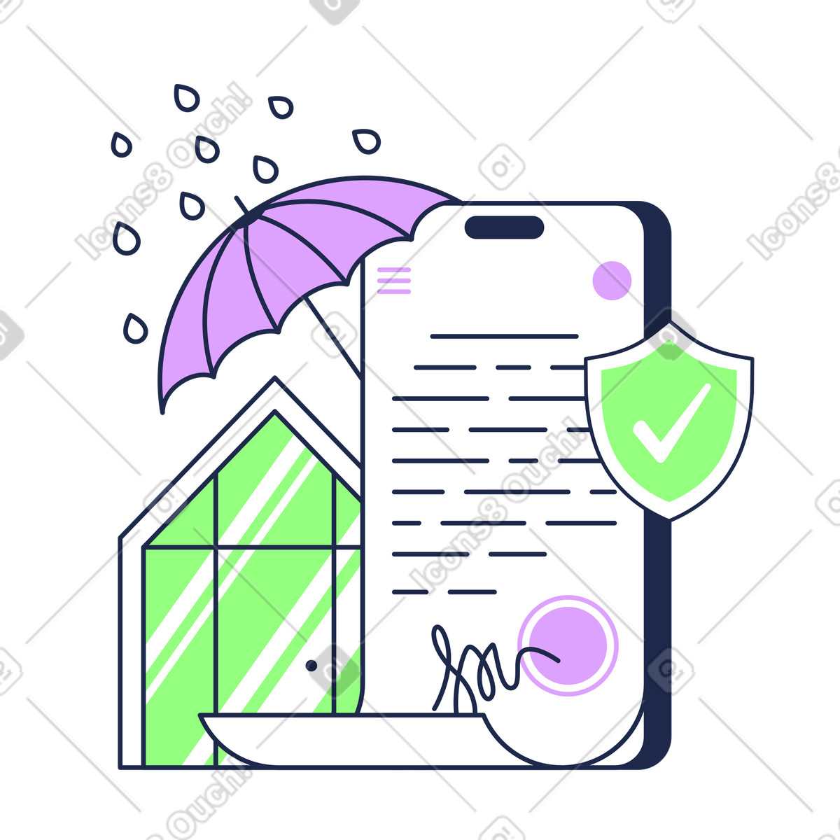 Online insurance services with electronic signature animated illustration in GIF, Lottie (JSON), AE