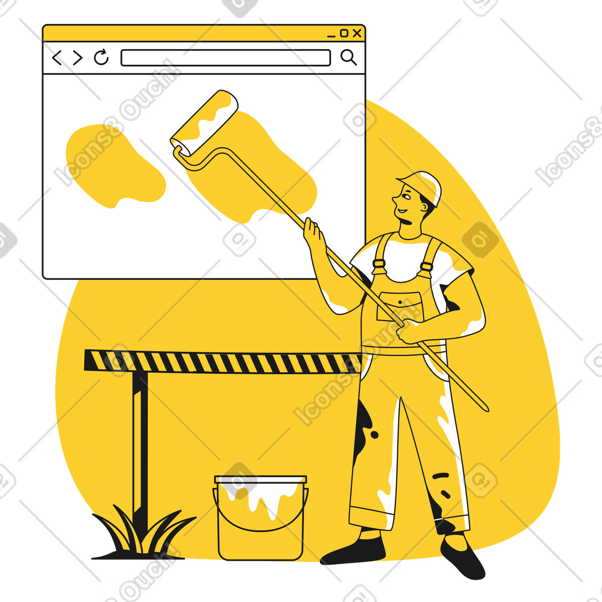 Worker painting webpage, Website maintenance and design illustration in Taxi style download in PNG, SVG