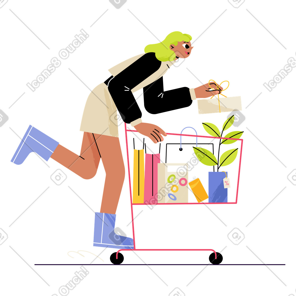 Illustration Customer pushing full shopping cart, Retail sale and event dans le style Juicy à télécharger aux formats PNG, SVG