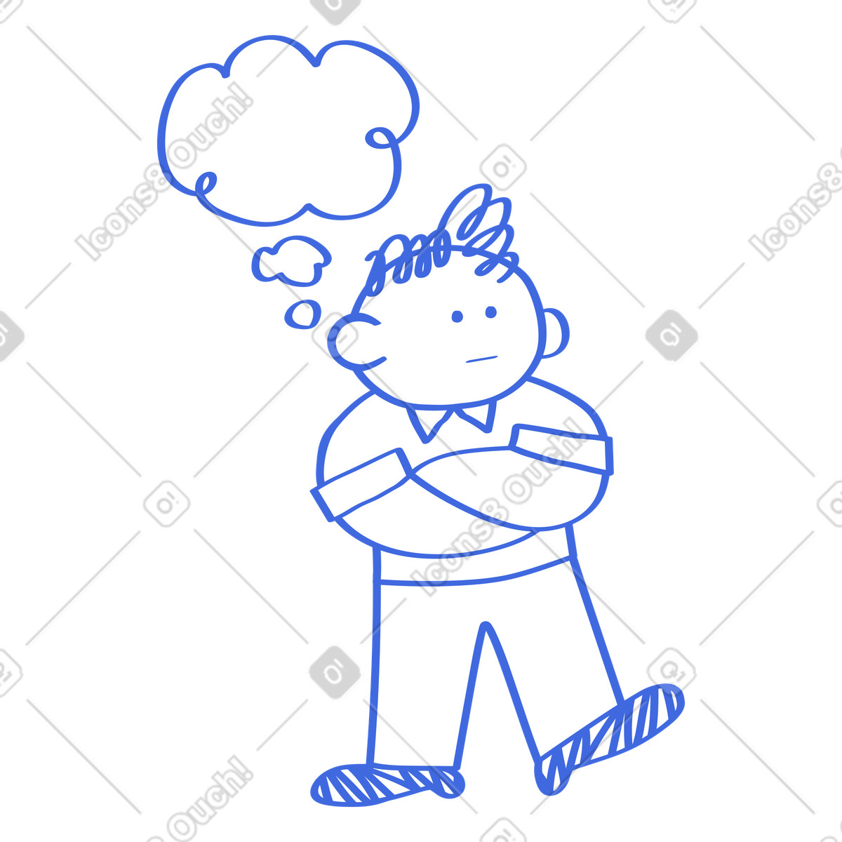 Ilustración Thinking character with crossed arms and empty thought bubble doodle en estilo Ballpoint Pen a descargar en PNG y SVG